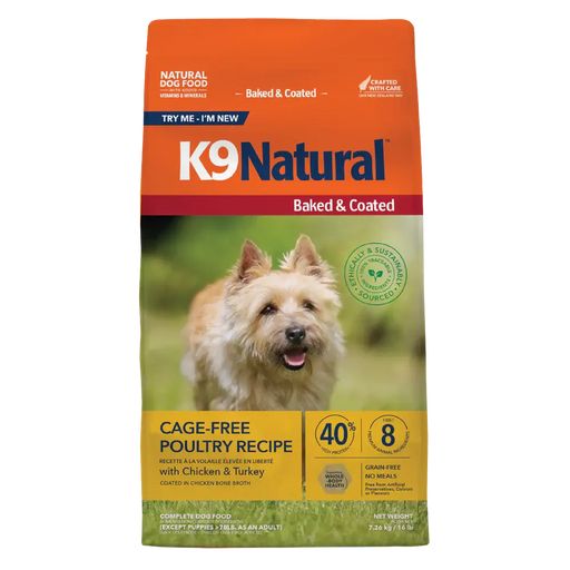 K9 Natural Baked & Coated Cage-Free Poultry Recipe dry dog food, 16 lb bag, with chicken and turkey, grain-free. Sold at Jake's Pet Supply Boca Raton Lake Worth