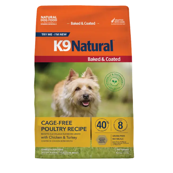 K9 Natural Baked & Coated Cage-Free Poultry Recipe dry dog food, 3.5 lb bag, with chicken and turkey, grain-free. Sold at Jake's Pet Supply Boca Raton Lake Worth