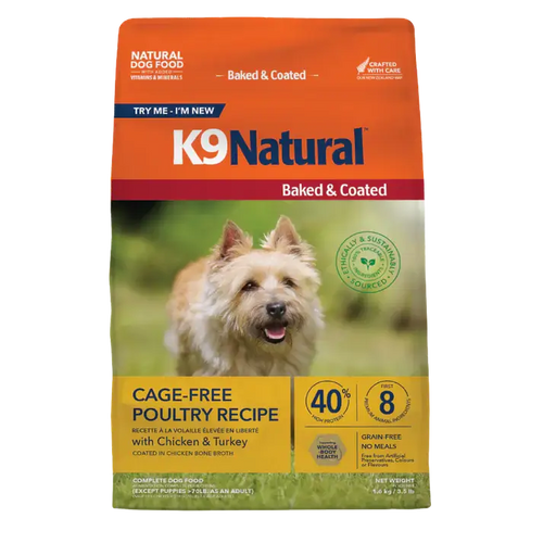 K9 Natural Baked & Coated Cage-Free Poultry Recipe dry dog food, 3.5 lb bag, with chicken and turkey, grain-free. Sold at Jake's Pet Supply Boca Raton Lake Worth