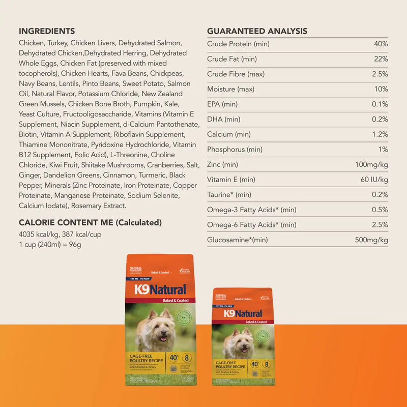 K9 Natural Baked & Coated Cage-Free Poultry Recipe ingredients list and guaranteed analysis, 40% protein dry dog food. Sold at Jake's Pet Supply Boca Raton Lake Worth
