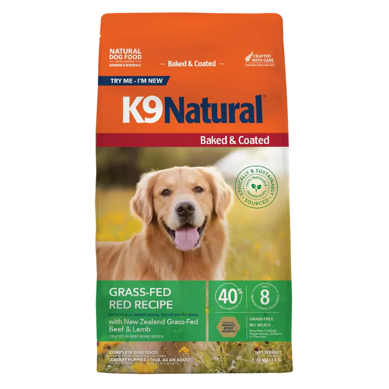 K9 Natural Baked & Coated Grass-Fed Red Recipe dry dog food, 16 lb bag, New Zealand grass-fed beef and lamb, grain-free. Sold at Jake's Pet Supply Boca Raton Lake Worth
