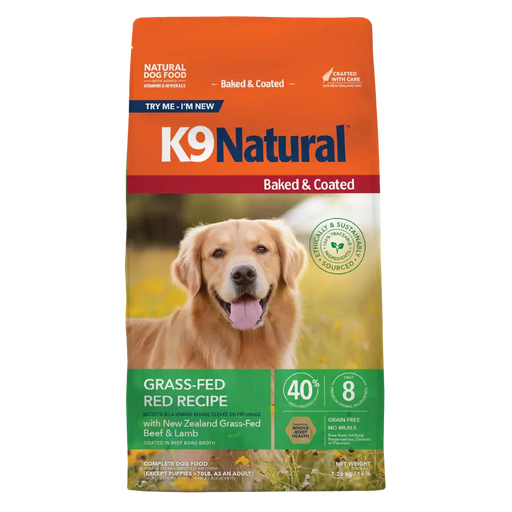 K9 Natural Baked & Coated Grass-Fed Red Recipe dry dog food, 16 lb bag, New Zealand grass-fed beef and lamb, grain-free. Sold at Jake's Pet Supply Boca Raton Lake Worth
