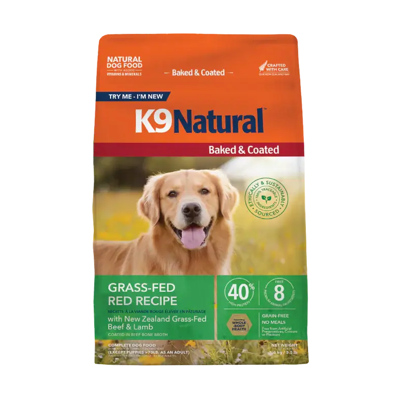 K9 Natural Baked & Coated Grass-Fed Red Recipe dry dog food, 3.5 lb bag, New Zealand grass-fed beef and lamb, grain-free. Sold at Jake's Pet Supply Boca Raton Lake Worth