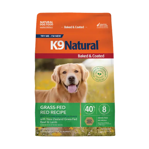 K9 Natural Baked & Coated Grass-Fed Red Recipe dry dog food, 3.5 lb bag, New Zealand grass-fed beef and lamb, grain-free. Sold at Jake's Pet Supply Boca Raton Lake Worth