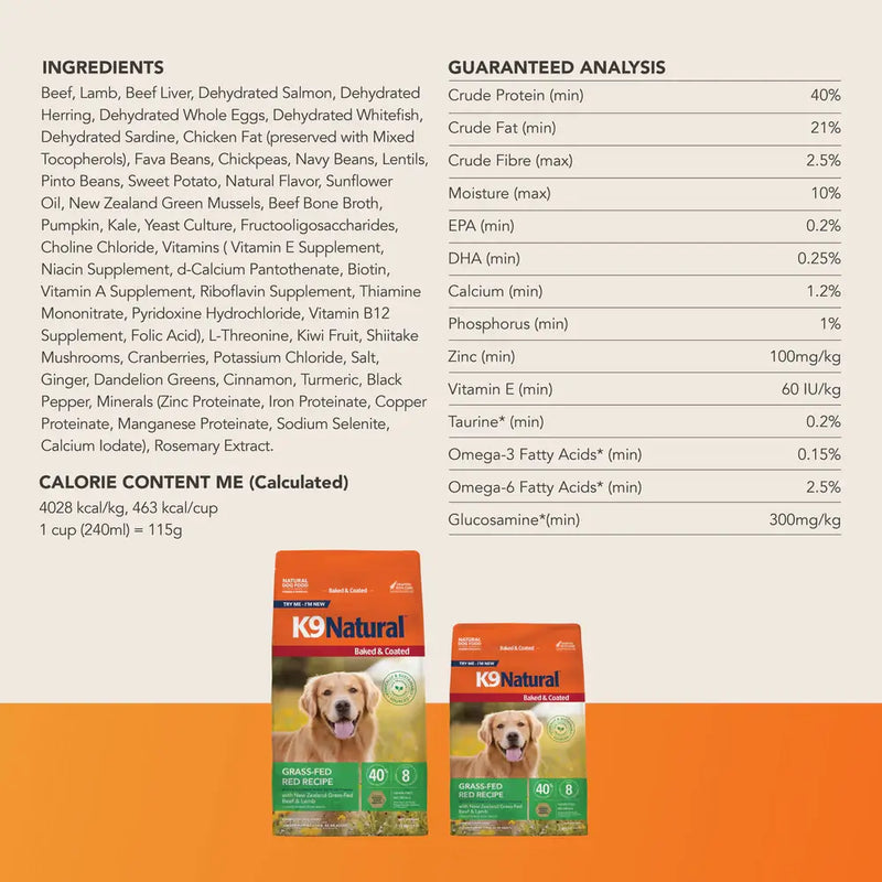K9 Natural Baked & Coated Grass-Fed Red Recipe ingredients list and guaranteed analysis, 40% protein dry dog food. Sold at Jake's Pet Supply Boca Raton Lake Worth