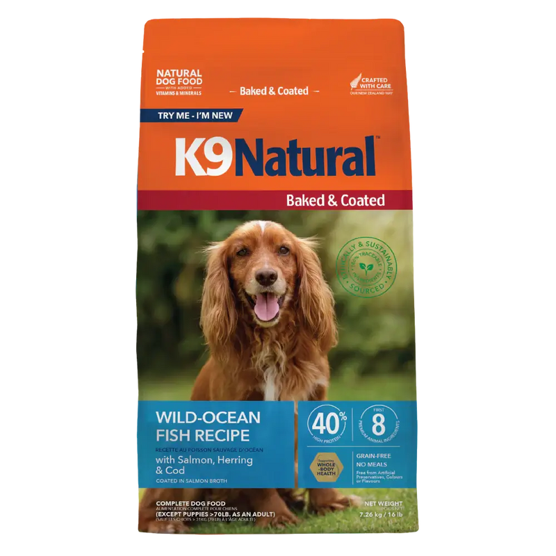 K9 Natural Baked & Coated Wild-Ocean Fish Recipe dry dog food, 16 lb bag, with salmon, herring and cod, grain-free. Sold at Jake's Pet Supply Boca Raton Lake Worth