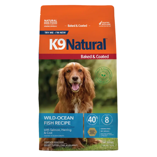 K9 Natural Baked & Coated Wild-Ocean Fish Recipe dry dog food, 16 lb bag, with salmon, herring and cod, grain-free. Sold at Jake's Pet Supply Boca Raton Lake Worth