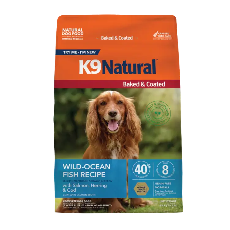 K9 Natural Baked & Coated Wild-Ocean Fish Recipe dry dog food, 3.5 lb bag, with salmon, herring and cod, grain-free. Sold at Jake's Pet Supply Boca Raton Lake Worth