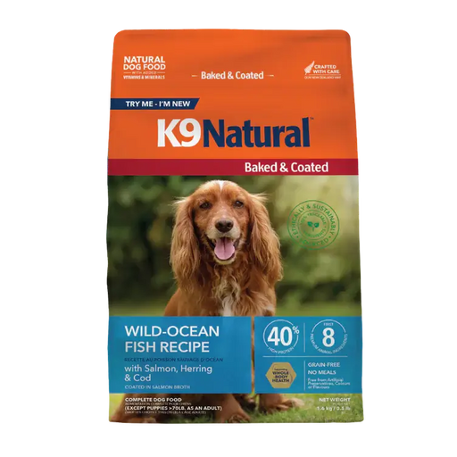 K9 Natural Baked & Coated Wild-Ocean Fish Recipe dry dog food, 3.5 lb bag, with salmon, herring and cod, grain-free. Sold at Jake's Pet Supply Boca Raton Lake Worth
