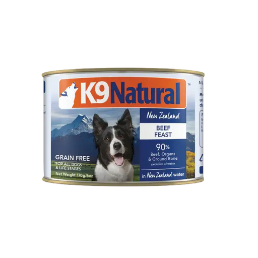 K9 Natural New Zealand Beef Feast grain-free canned dog food, 170 g, 90% beef, organs and ground bone for all dogs. Sold at Jake's Pet Supply Boca Raton Lake Worth