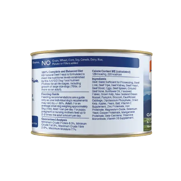 K9 Natural Beef Feast 170 g canned dog food guaranteed analysis, ingredients and daily feeding guide. Sold at Jake's Pet Supply Boca Raton Lake Worth
