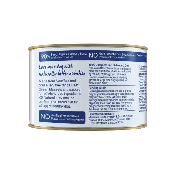 K9 Natural Beef Feast 170 g canned dog food side panel, 90% New Zealand grass-fed beef, organs and green mussel. Sold at Jake's Pet Supply Boca Raton Lake Worth