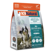 K9 Natural New Zealand Beef & Hoki Feast freeze-dried dog food, 500 g bag, 94% grass-fed beef, organs and wild-caught hoki, grain-free. Sold at Jake's Pet Supply Boca Raton Lake Worth