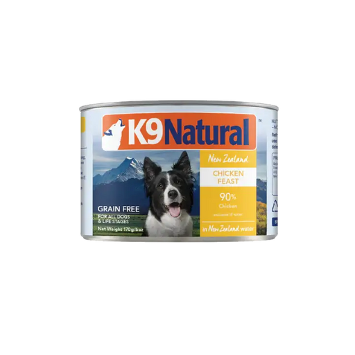 K9 Natural New Zealand Chicken Feast grain-free canned dog food, 170 g, 90% chicken for all dogs and life stages. Sold at Jake's Pet Supply Boca Raton Lake Worth