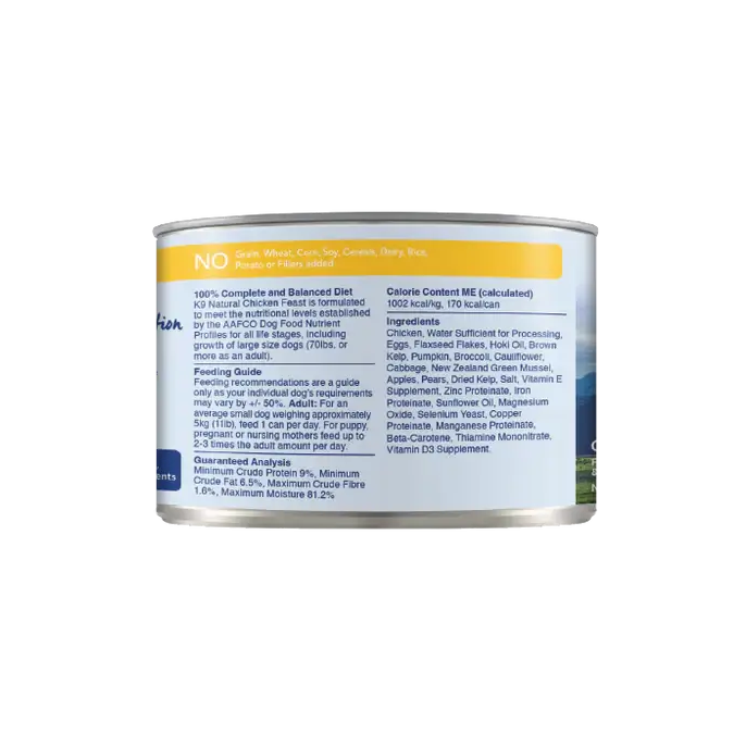 K9 Natural Chicken Feast 170 g canned dog food guaranteed analysis, ingredients and daily feeding guide. Sold at Jake's Pet Supply Boca Raton Lake Worth
