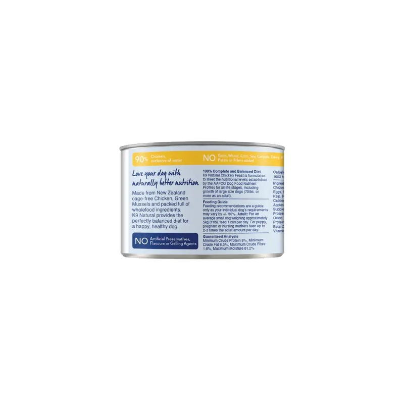 K9 Natural Chicken Feast 170 g canned dog food side panel, 90% New Zealand cage-free chicken and green mussel. Sold at Jake's Pet Supply Boca Raton Lake Worth