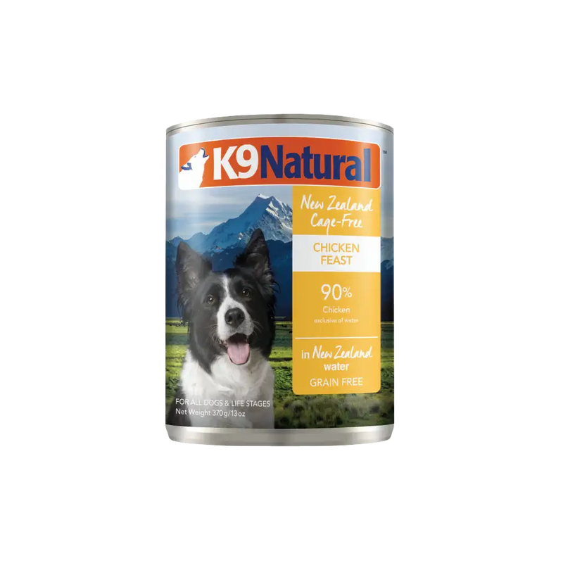K9 Natural New Zealand Cage-Free Chicken Feast grain-free canned dog food, 370 g, 90% chicken for all dogs. Sold at Jake's Pet Supply Boca Raton Lake Worth