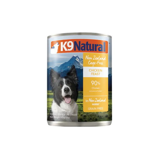 K9 Natural New Zealand Cage-Free Chicken Feast grain-free canned dog food, 370 g, 90% chicken for all dogs. Sold at Jake's Pet Supply Boca Raton Lake Worth