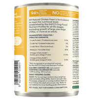 K9 Natural Chicken Feast 370 g canned dog food guaranteed analysis, calorie content and daily feeding guide. Sold at Jake's Pet Supply Boca Raton Lake Worth