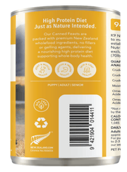 K9 Natural Chicken Feast 370 g canned dog food side panel describing high-protein New Zealand diet for all life stages. Sold at Jake's Pet Supply Boca Raton Lake Worth