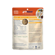 Back of K9 Natural Chicken Feast freeze-dried dog food, 100 g, with nutrition facts, ingredients and feeding instructions. Sold at Jake's Pet Supply Boca Raton Lake Worth