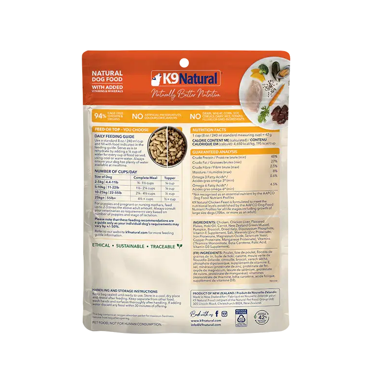 Back of K9 Natural Chicken Feast freeze-dried dog food, 100 g, with nutrition facts, ingredients and feeding instructions. Sold at Jake's Pet Supply Boca Raton Lake Worth