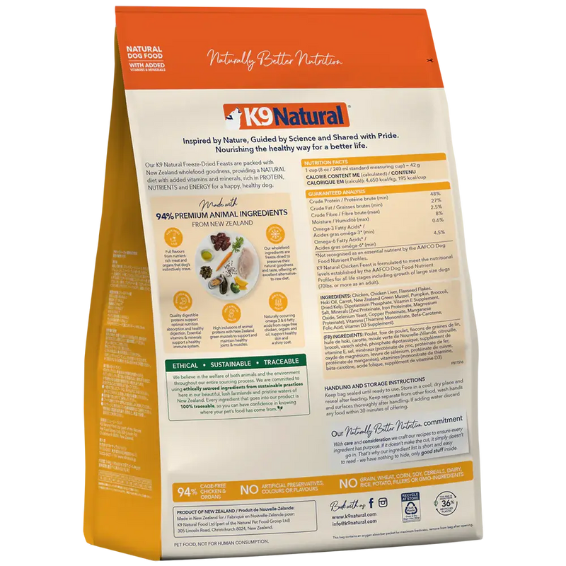 Back of K9 Natural Chicken Feast freeze-dried dog food, 500 g, with nutrition facts, ingredients and feeding instructions. Sold at Jake's Pet Supply Boca Raton Lake Worth