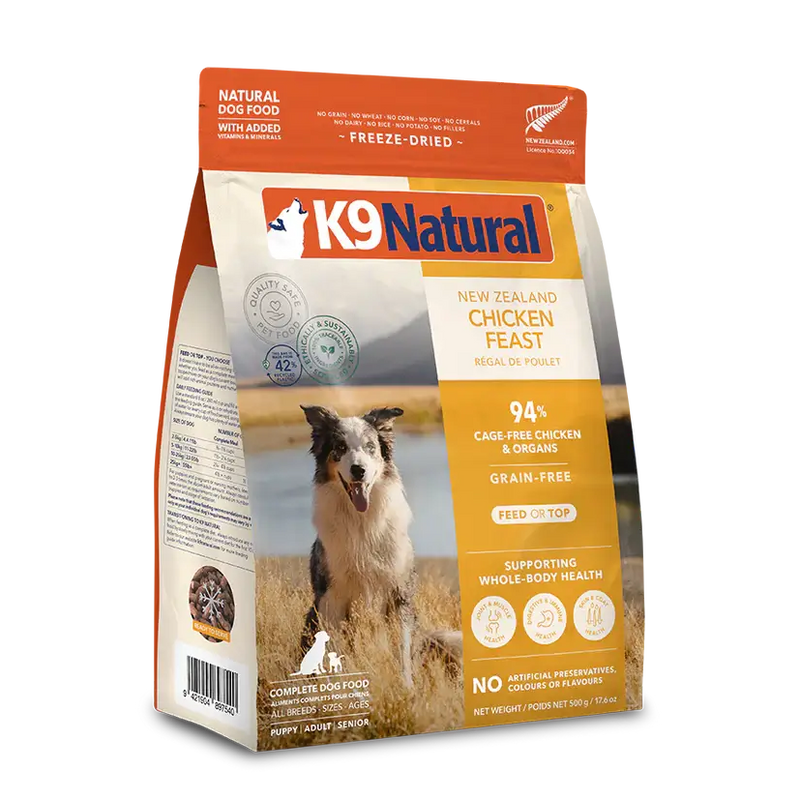 K9 Natural New Zealand Chicken Feast freeze-dried dog food, 500 g bag, 94% cage-free chicken and organs, grain-free. Sold at Jake's Pet Supply Boca Raton Lake Worth