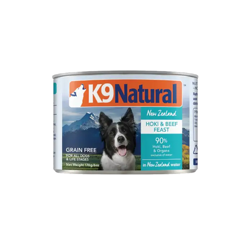 K9 Natural New Zealand Hoki & Beef Feast grain-free canned dog food, 170 g, 90% hoki, beef and organs for all dogs. Sold at Jake's Pet Supply Boca Raton Lake Worth