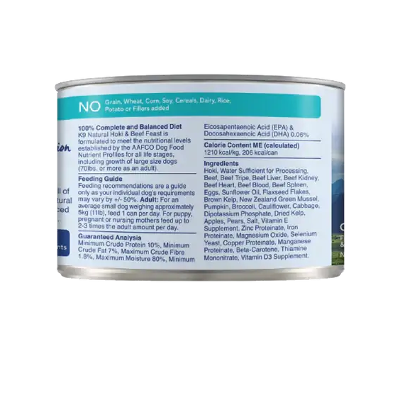 K9 Natural Hoki & Beef Feast 170 g canned dog food guaranteed analysis, ingredients and daily feeding guide. Sold at Jake's Pet Supply Boca Raton Lake Worth