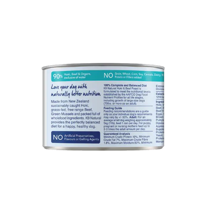 K9 Natural Hoki & Beef Feast 170 g canned dog food side panel, 90% New Zealand hoki, grass-fed beef and green mussel. Sold at Jake's Pet Supply Boca Raton Lake Worth