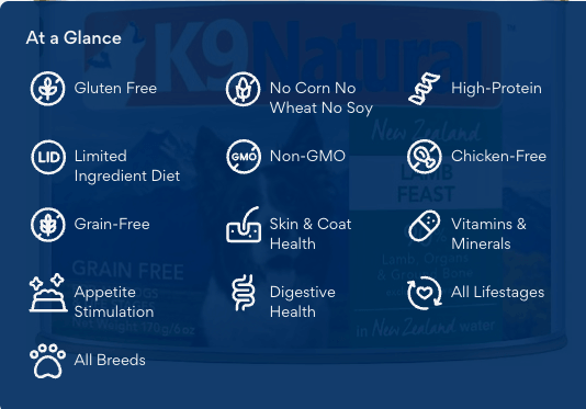 K9 Natural Lamb Feast features at a glance: grain-free, gluten-free, high-protein, non-GMO, limited ingredient diet. Sold at Jake's Pet Supply Boca Raton Lake Worth