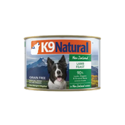K9 Natural New Zealand Lamb Feast grain-free canned dog food, 170 g, 90% lamb, organs and ground bone for all dogs. Sold at Jake's Pet Supply Boca Raton Lake Worth