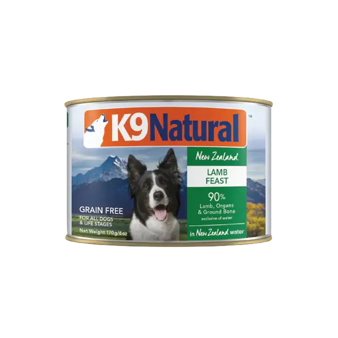K9 Natural New Zealand Lamb Feast grain-free canned dog food, 170 g, 90% lamb, organs and ground bone for all dogs. Sold at Jake's Pet Supply Boca Raton Lake Worth