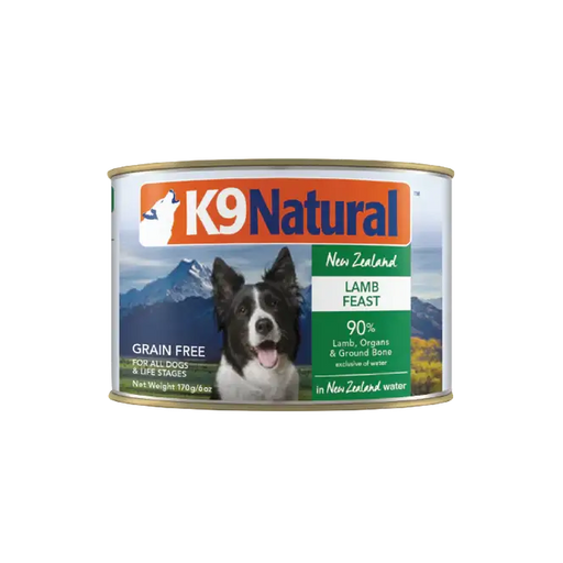 K9 Natural New Zealand Lamb Feast grain-free canned dog food, 170 g, 90% lamb, organs and ground bone for all dogs. Sold at Jake's Pet Supply Boca Raton Lake Worth