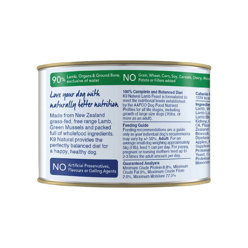 K9 Natural Lamb Feast 170 g canned dog food ingredients list, guaranteed analysis and feeding guide. Sold at Jake's Pet Supply Boca Raton Lake Worth