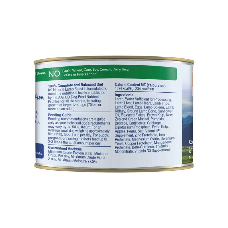 K9 Natural Lamb Feast 170 g canned dog food side panel, 90% New Zealand grass-fed lamb, organs and ground bone. Sold at Jake's Pet Supply Boca Raton Lake Worth