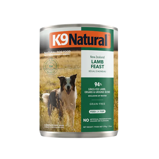 K9 Natural New Zealand Lamb Feast grain-free canned dog food, 370 g, 94% grass-fed lamb, organs and ground bone. Sold at Jake's Pet Supply Boca Raton Lake Worth