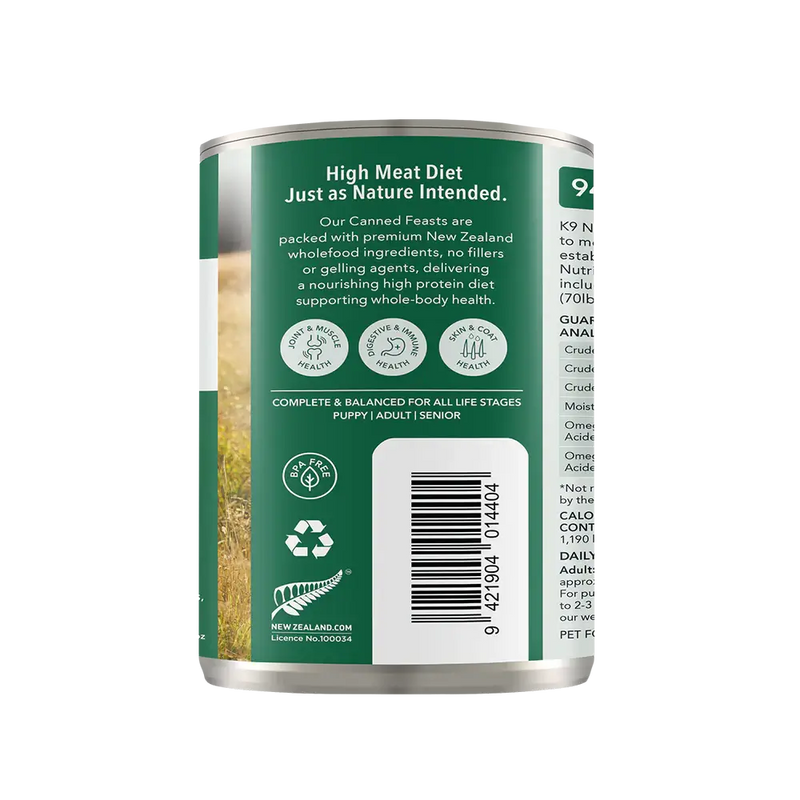 K9 Natural Lamb Feast canned dog food side panel describing high-meat New Zealand diet, complete for all life stages. Sold at Jake's Pet Supply Boca Raton Lake Worth