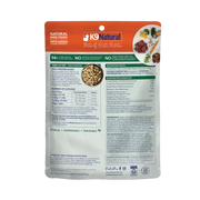Back of K9 Natural Lamb Feast freeze-dried dog food, 100 g, with nutrition facts, ingredients and feeding instructions. Sold at Jake's Pet Supply Boca Raton Lake Worth