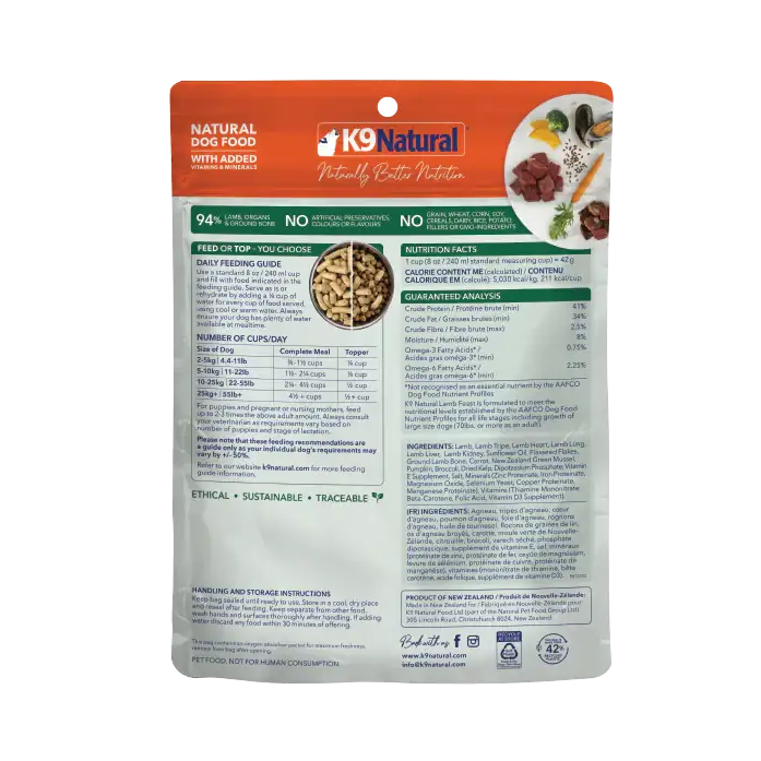 Back of K9 Natural Lamb Feast freeze-dried dog food, 100 g, with nutrition facts, ingredients and feeding instructions. Sold at Jake's Pet Supply Boca Raton Lake Worth