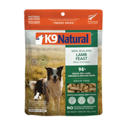 K9 Natural New Zealand Lamb Feast freeze-dried dog food, 100 g bag, 94% grass-fed lamb, organs and ground bone, grain-free. Sold at Jake's Pet Supply Boca Raton Lake Worth