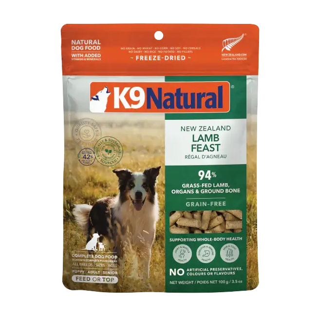 K9 Natural New Zealand Lamb Feast freeze-dried dog food, 100 g bag, 94% grass-fed lamb, organs and ground bone, grain-free. Sold at Jake's Pet Supply Boca Raton Lake Worth