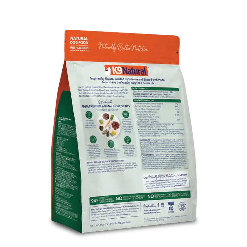 Back of K9 Natural Lamb Feast freeze-dried dog food, 500 g, with nutrition facts, ingredients and feeding instructions. Sold at Jake's Pet Supply Boca Raton Lake Worth