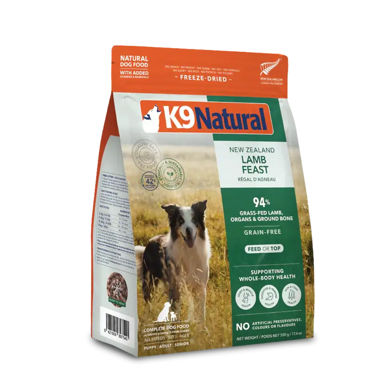 K9 Natural New Zealand Lamb Feast freeze-dried dog food, 500 g bag, 94% grass-fed lamb, organs and ground bone, grain-free. Sold at Jake's Pet Supply Boca Raton Lake Worth