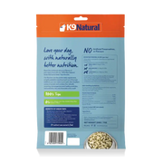 Back of K9 Natural Lamb Green Tripe Booster freeze-dried dog supplement, 200 g, with benefits, feeding guide and analysis. Sold at Jake's Pet Supply Boca Raton Lake Worth
