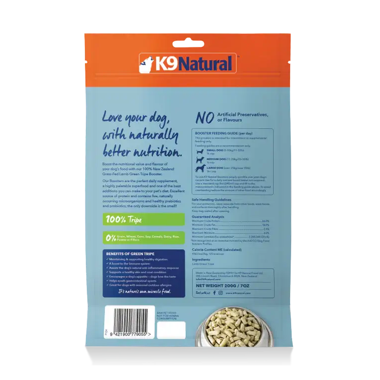 Back of K9 Natural Lamb Green Tripe Booster freeze-dried dog supplement, 200 g, with benefits, feeding guide and analysis. Sold at Jake's Pet Supply Boca Raton Lake Worth