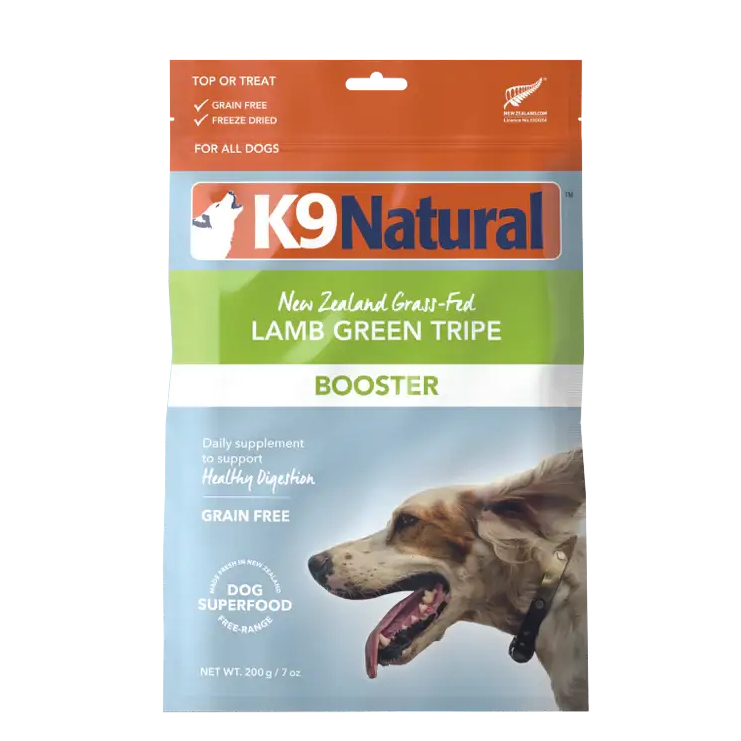 K9 Natural Lamb Green Tripe Booster, freeze-dried New Zealand grass-fed dog superfood for digestive health, 200 g, grain-free. Sold at Jake's Pet Supply Boca Raton Lake Worth