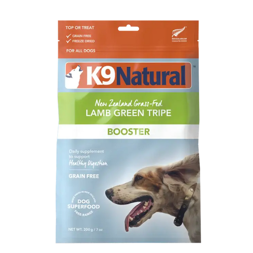 K9 Natural Lamb Green Tripe Booster, freeze-dried New Zealand grass-fed dog superfood for digestive health, 200 g, grain-free. Sold at Jake's Pet Supply Boca Raton Lake Worth