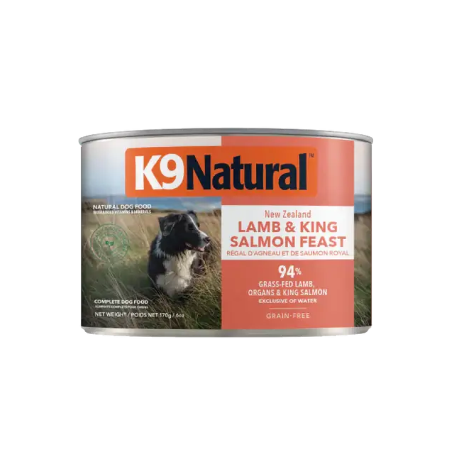 K9 Natural New Zealand Lamb & King Salmon Feast grain-free canned dog food, 170 g, 94% grass-fed lamb, organs and king salmon. Sold at Jake's Pet Supply Boca Raton Lake Worth
